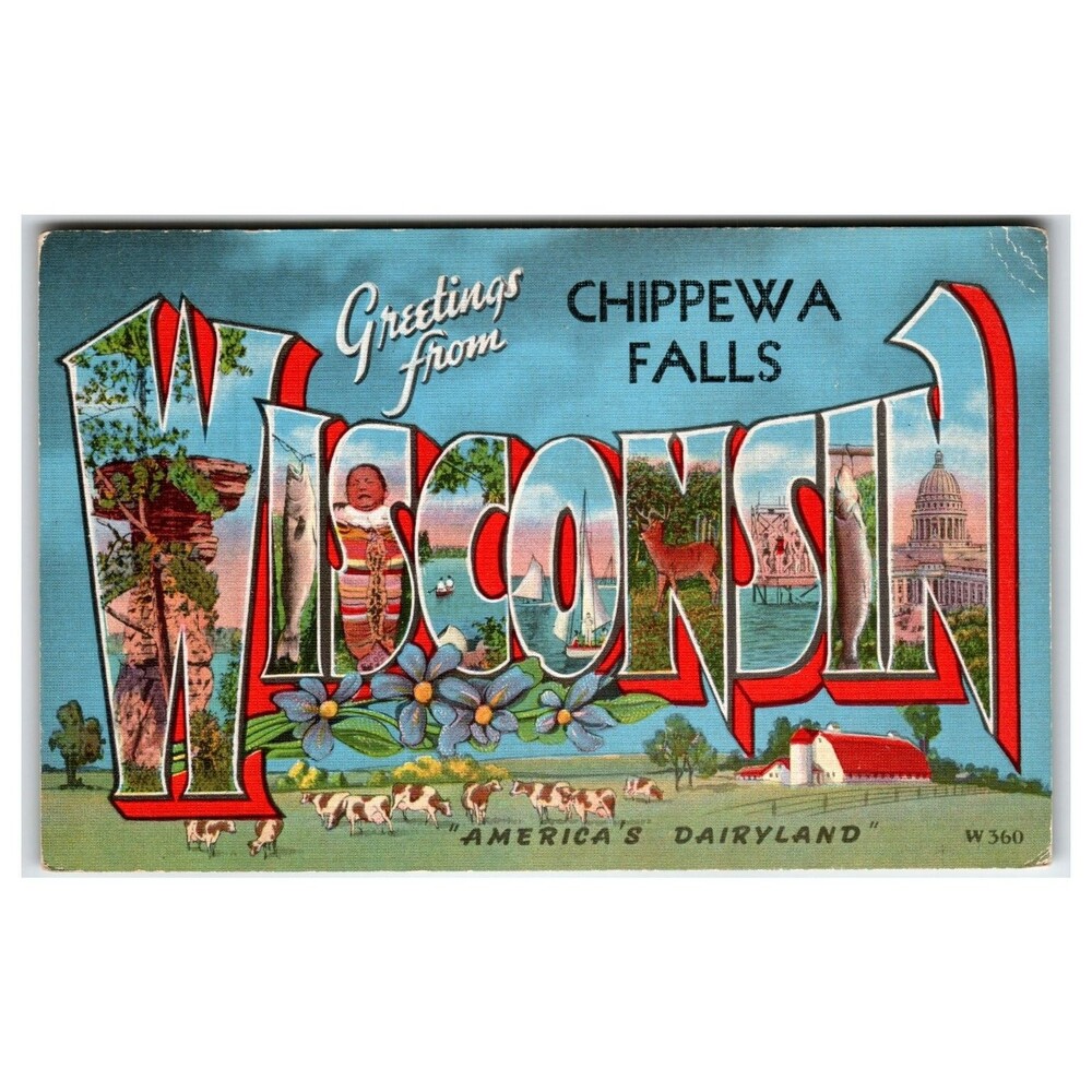 Greetings from WISCONSIN Chippewa Falls Linen Large Letter Postcard E. C. Kropp